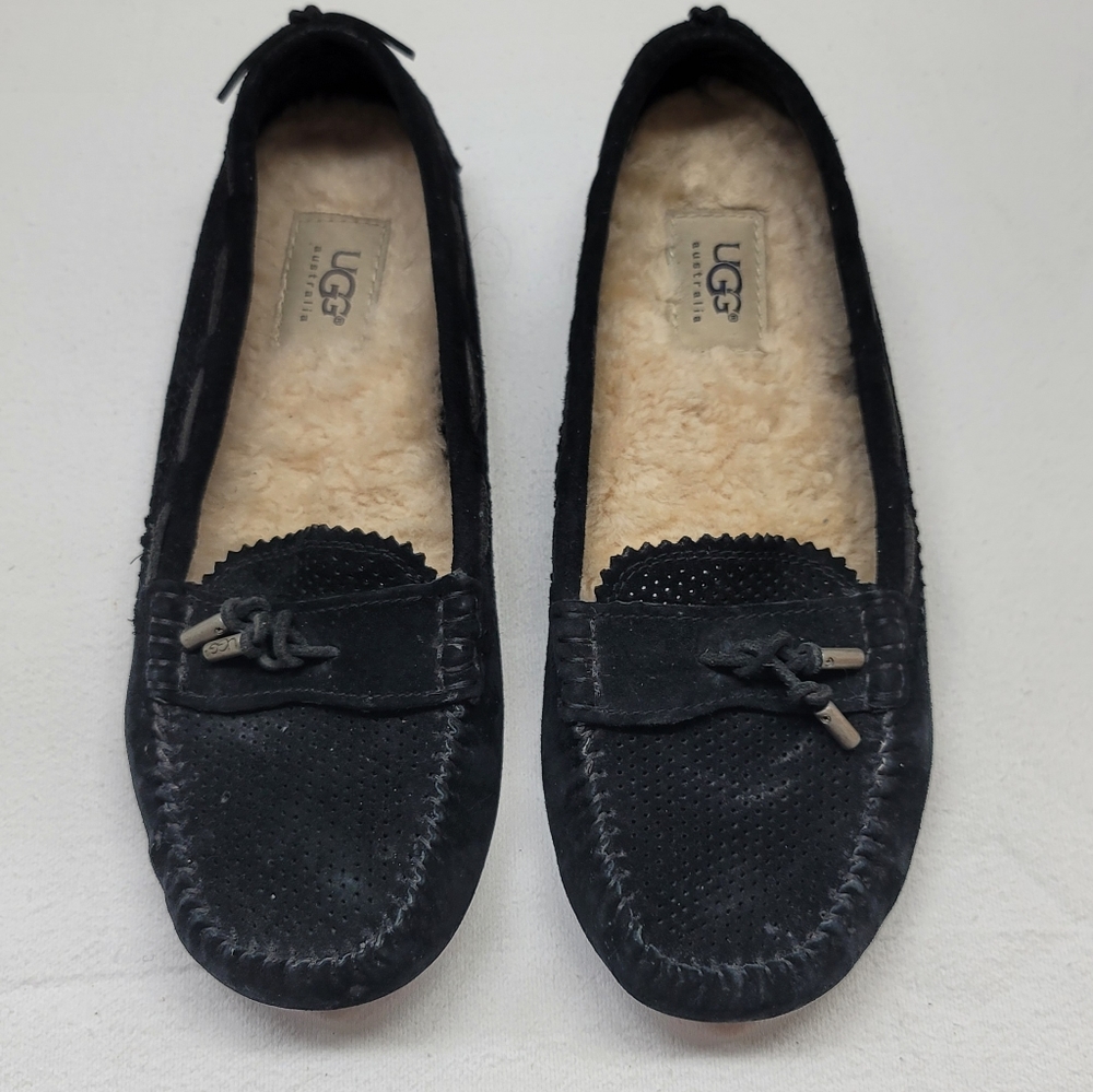 Women's UGG Roni Perforated Black Suede Slippers With Tassels  Size  8